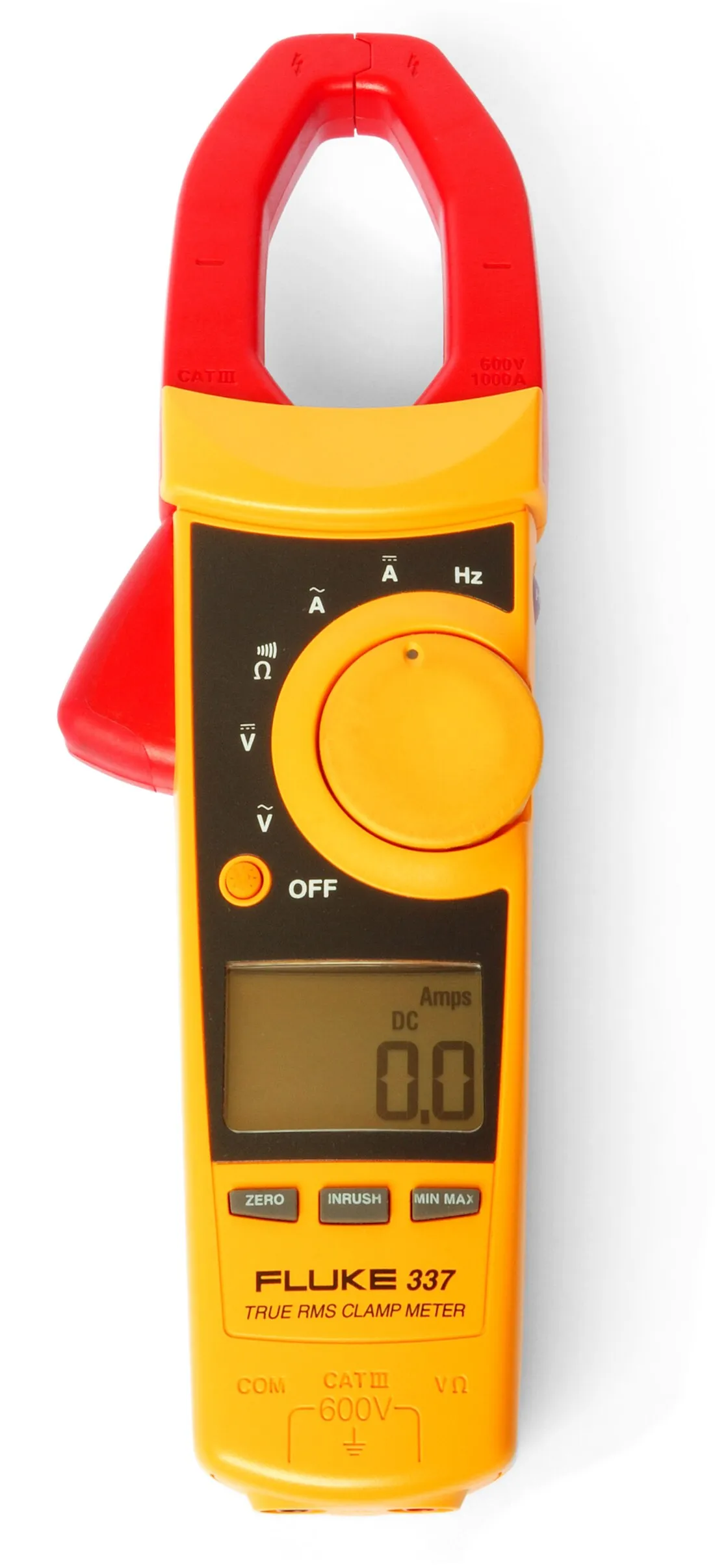 一支 Fluke 337 型交直流勾表，黃黑配色，上方是可開合的鉗口，下方是液晶顯示器與旋鈕。