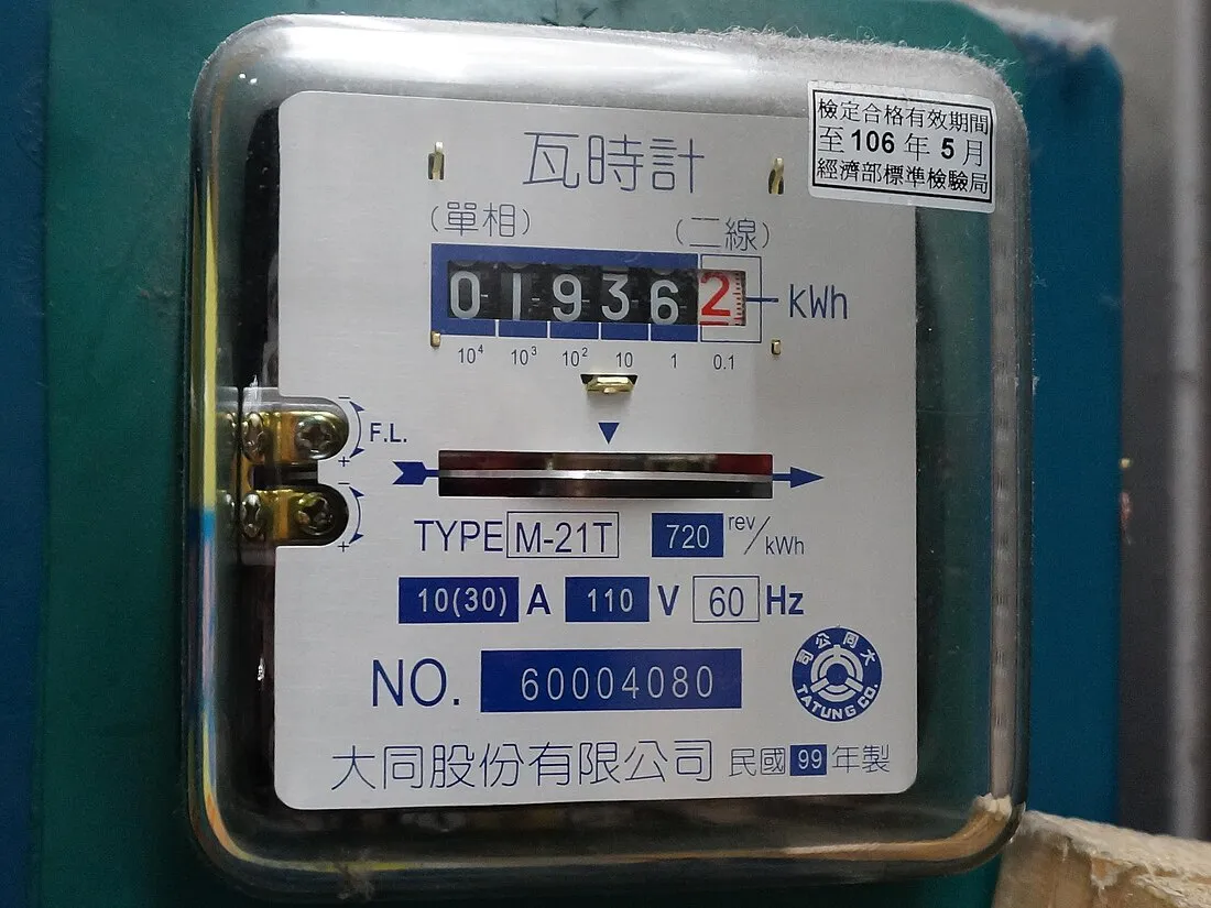 大同公司 M-21T 型單相二線電表的正面，面板上方印著「瓦時計」三個字，中央的數字窗顯示 01936.2 kWh，下方標示 720 rev/kWh、10(30) A、110 V、60 Hz，右上角是經濟部標準檢驗局的檢定合格有效期間標籤。